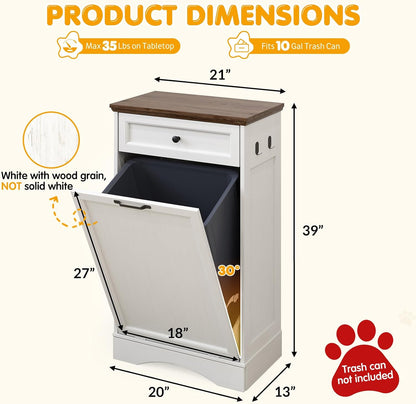 Tilt Out Trash Can Cabinet with Dog Bowl, 10 Gallons Dog Feeding Station with Storage Cabinet, Pet Food Cabinet with Hideaway Drawer for Kitchen, Living Room