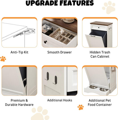 Tilt Out Trash Can Cabinet with Dog Bowl, 10 Gallons Dog Feeding Station with Storage Cabinet, Pet Food Cabinet with Hideaway Drawer for Kitchen, Living Room