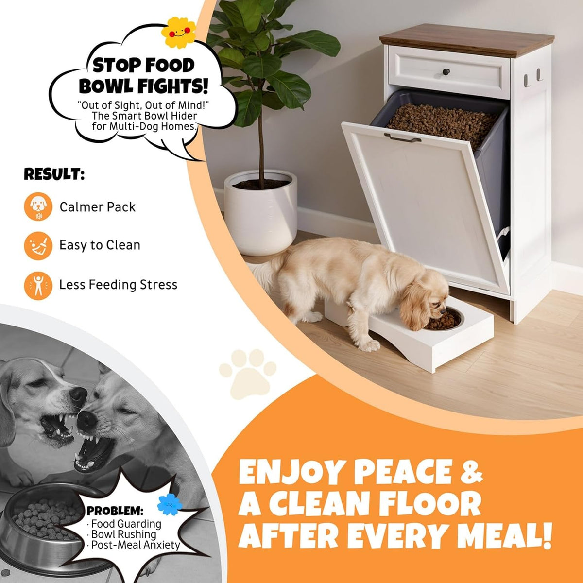 Tilt Out Trash Can Cabinet with Dog Bowl, 10 Gallons Dog Feeding Station with Storage Cabinet, Pet Food Cabinet with Hideaway Drawer for Kitchen, Living Room
