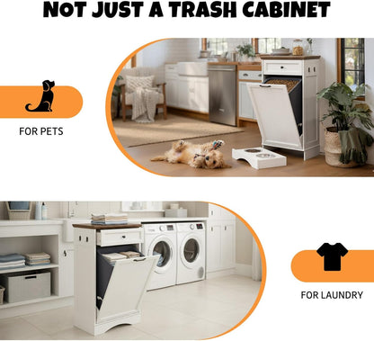 Tilt Out Trash Can Cabinet with Dog Bowl, 10 Gallons Dog Feeding Station with Storage Cabinet, Pet Food Cabinet with Hideaway Drawer for Kitchen, Living Room