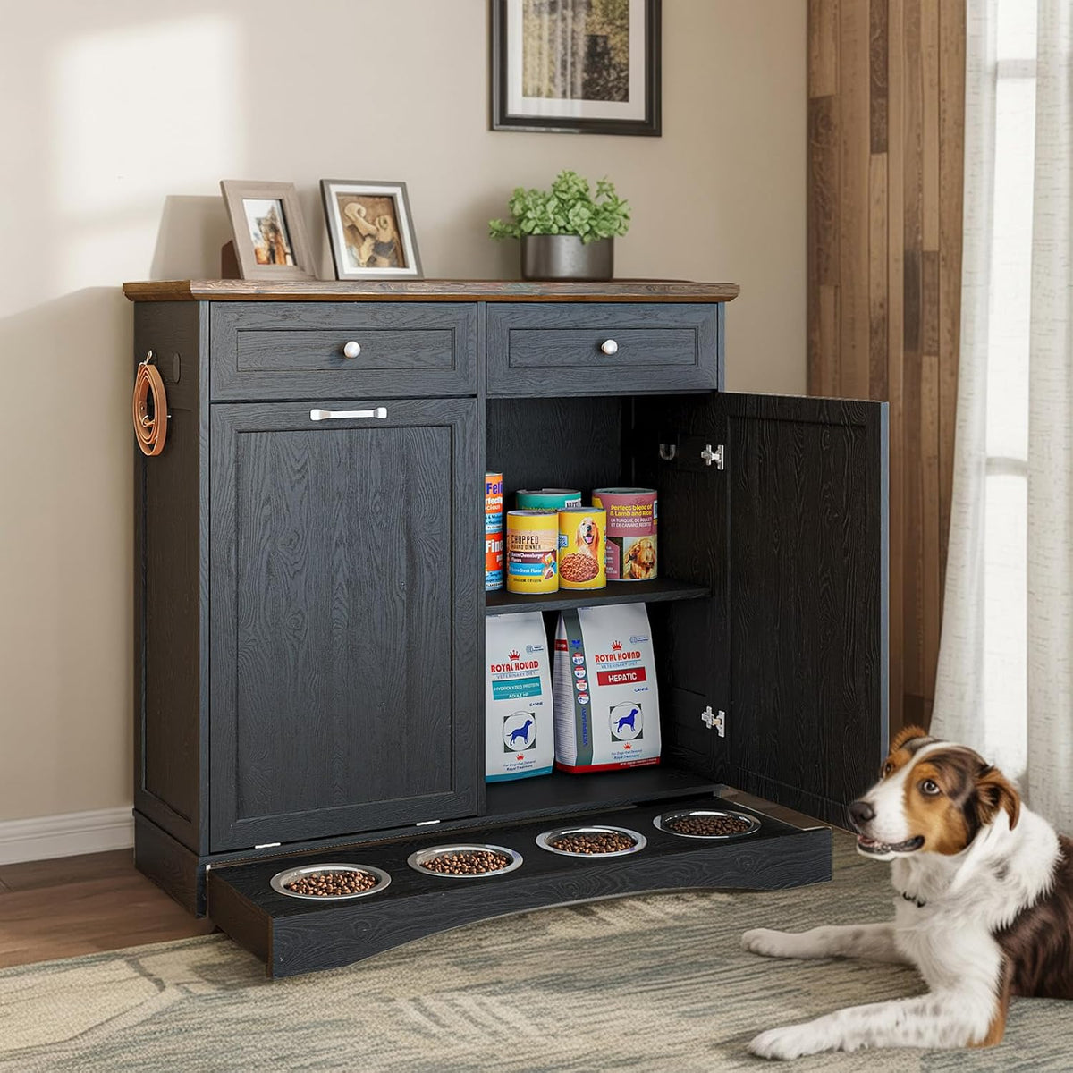 Tilt Out Trash Can Cabinet with Dog Bowl, 10 Gallons Dog Feeding Station with Storage Cabinet, Pet Food Cabinet with Hideaway Drawer for Kitchen, Living Room