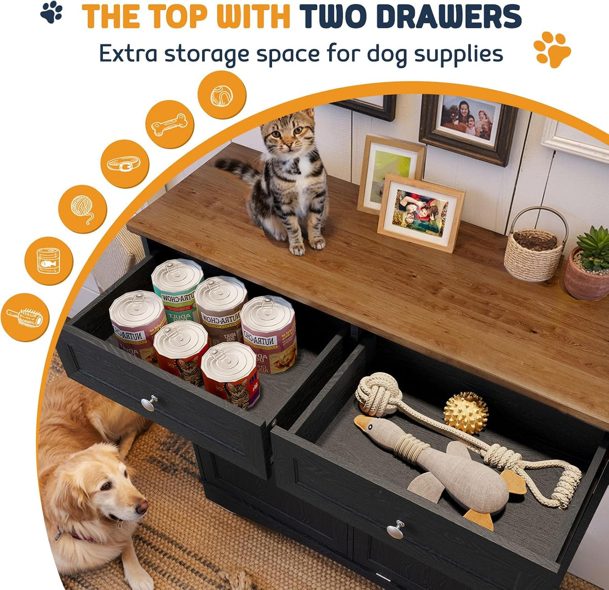 Tilt Out Trash Can Cabinet with Dog Bowl, 10 Gallons Dog Feeding Station with Storage Cabinet, Pet Food Cabinet with Hideaway Drawer for Kitchen, Living Room