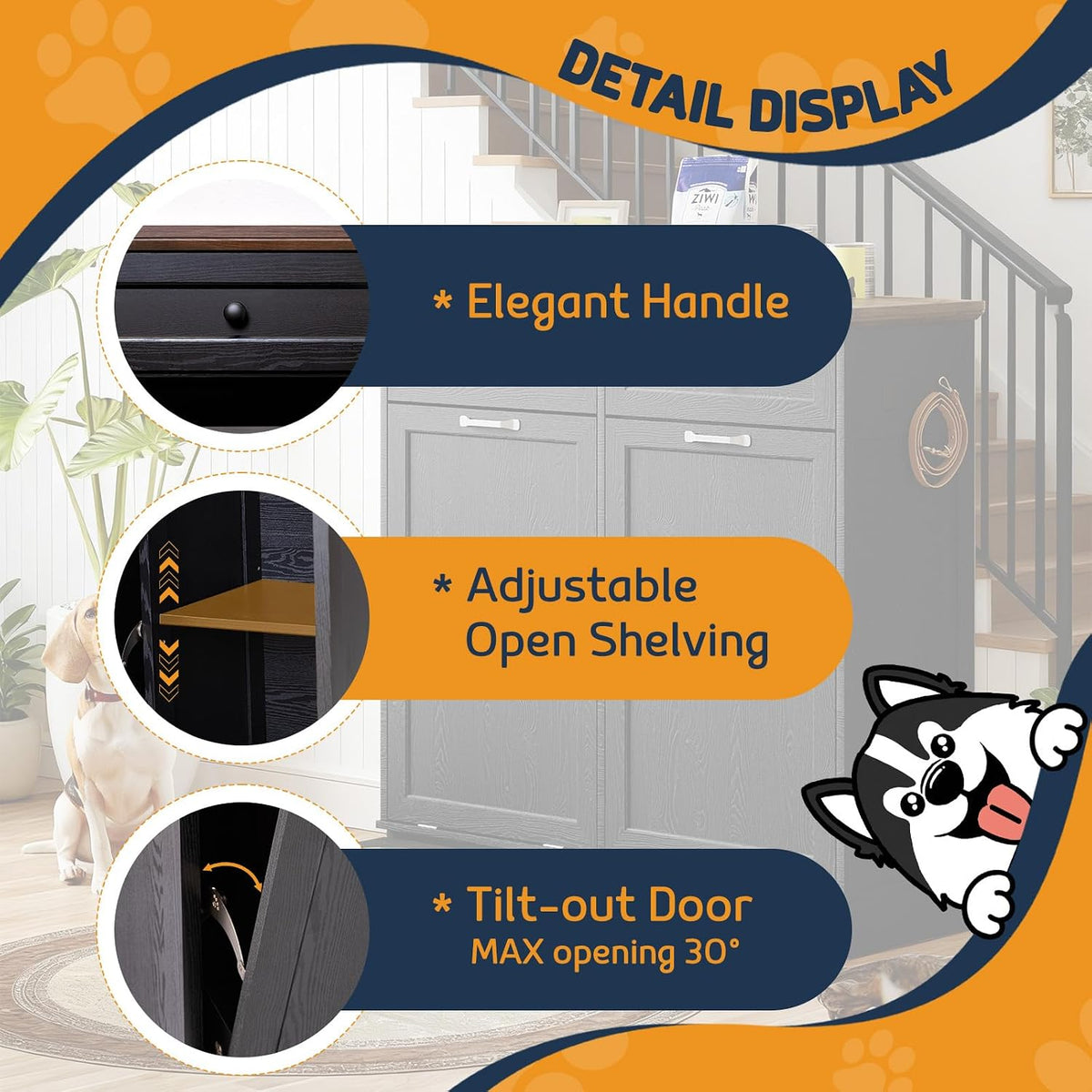 Tilt Out Trash Can Cabinet with Dog Bowl, 10 Gallons Dog Feeding Station with Storage Cabinet, Pet Food Cabinet with Hideaway Drawer for Kitchen, Living Room