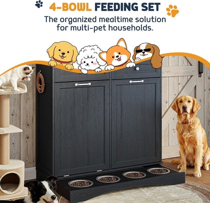 Tilt Out Trash Can Cabinet with Dog Bowl, 10 Gallons Dog Feeding Station with Storage Cabinet, Pet Food Cabinet with Hideaway Drawer for Kitchen, Living Room