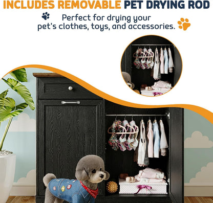 Tilt Out Trash Can Cabinet with Dog Bowl, 10 Gallons Dog Feeding Station with Storage Cabinet, Pet Food Cabinet with Hideaway Drawer for Kitchen, Living Room