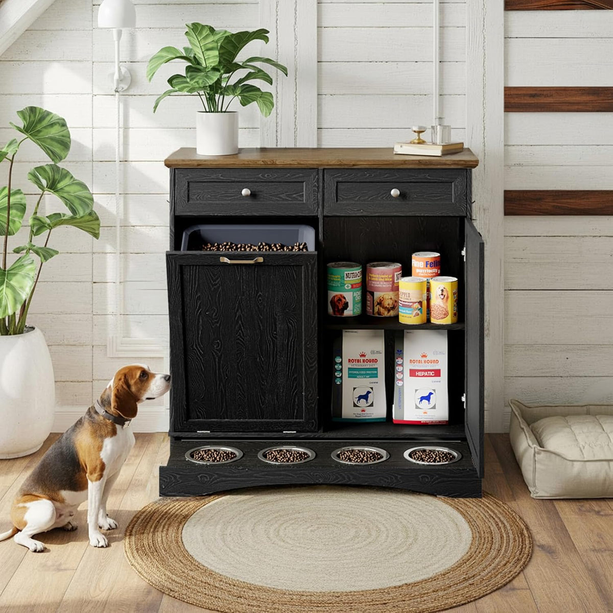 Tilt Out Trash Can Cabinet with Dog Bowl, 10 Gallons Dog Feeding Station with Storage Cabinet, Pet Food Cabinet with Hideaway Drawer for Kitchen, Living Room