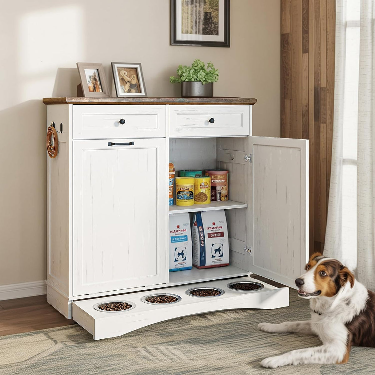 Tilt Out Trash Can Cabinet with Dog Bowl, 10 Gallons Dog Feeding Station with Storage Cabinet, Pet Food Cabinet with Hideaway Drawer for Kitchen, Living Room