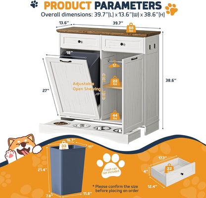 Tilt Out Trash Can Cabinet with Dog Bowl, 10 Gallons Dog Feeding Station with Storage Cabinet, Pet Food Cabinet with Hideaway Drawer for Kitchen, Living Room