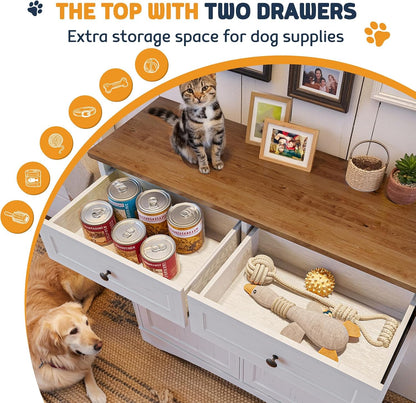 Tilt Out Trash Can Cabinet with Dog Bowl, 10 Gallons Dog Feeding Station with Storage Cabinet, Pet Food Cabinet with Hideaway Drawer for Kitchen, Living Room