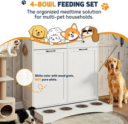 Tilt Out Trash Can Cabinet with Dog Bowl, 10 Gallons Dog Feeding Station with Storage Cabinet, Pet Food Cabinet with Hideaway Drawer for Kitchen, Living Room