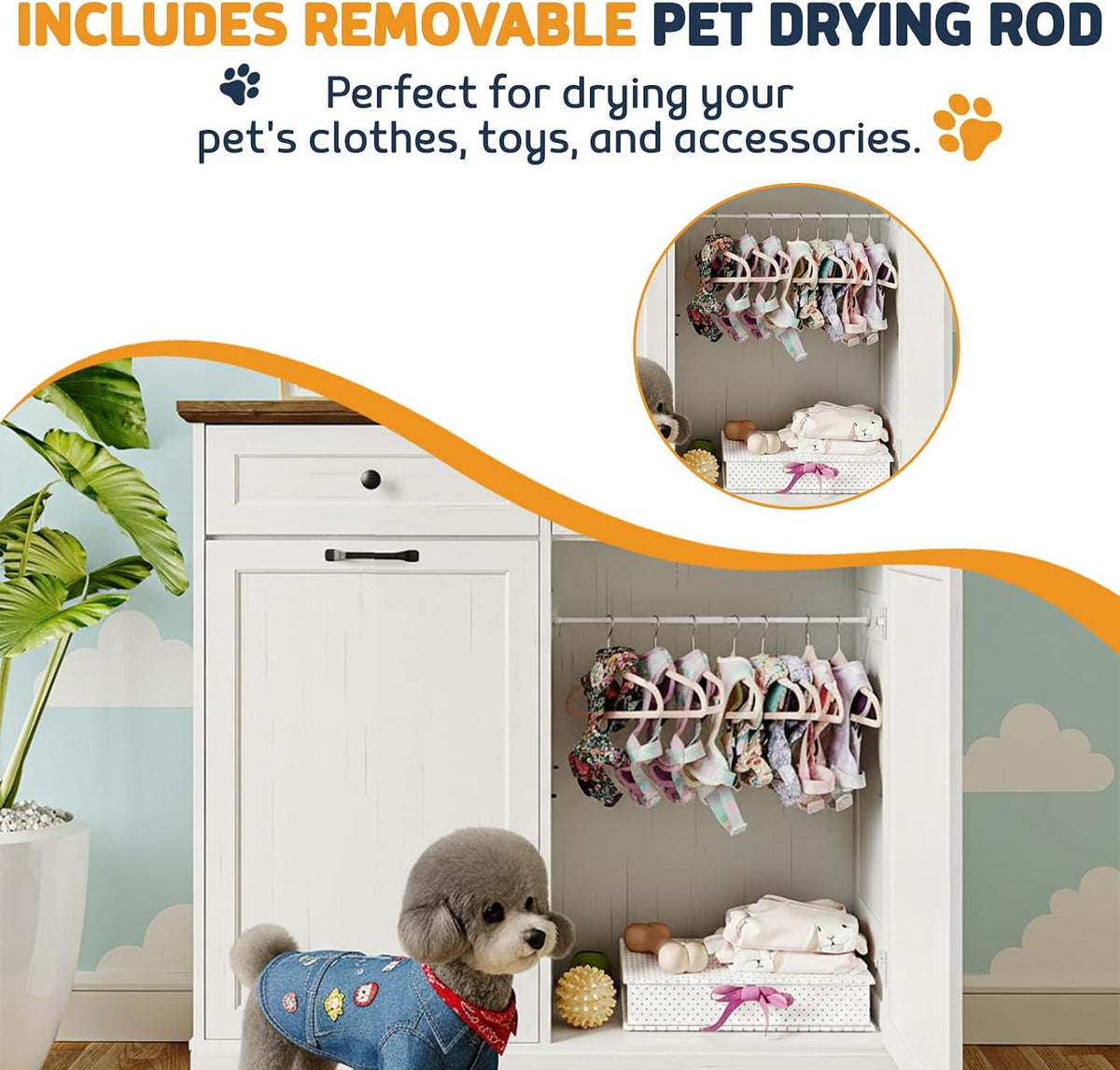 Tilt Out Trash Can Cabinet with Dog Bowl, 10 Gallons Dog Feeding Station with Storage Cabinet, Pet Food Cabinet with Hideaway Drawer for Kitchen, Living Room