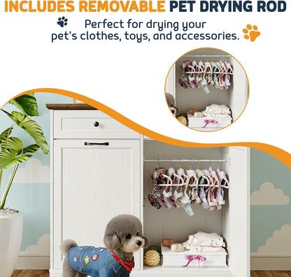 Tilt Out Trash Can Cabinet with Dog Bowl, 10 Gallons Dog Feeding Station with Storage Cabinet, Pet Food Cabinet with Hideaway Drawer for Kitchen, Living Room