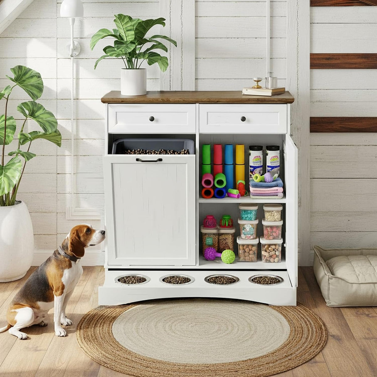 Tilt Out Trash Can Cabinet with Dog Bowl, 10 Gallons Dog Feeding Station with Storage Cabinet, Pet Food Cabinet with Hideaway Drawer for Kitchen, Living Room