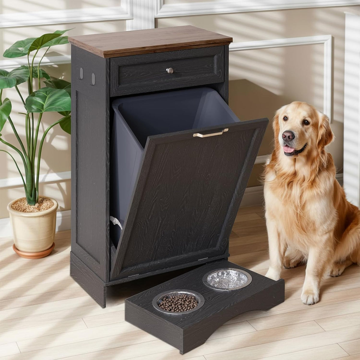 Tilt Out Trash Can Cabinet with Dog Bowl, 10 Gallons Dog Feeding Station with Storage Cabinet, Pet Food Cabinet with Hideaway Drawer for Kitchen, Living Room