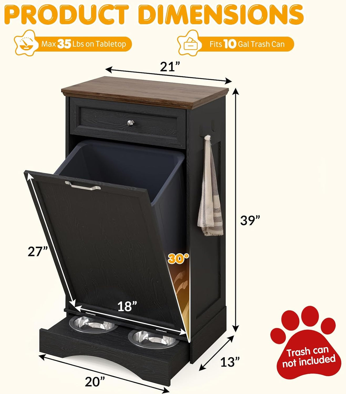 Tilt Out Trash Can Cabinet with Dog Bowl, 10 Gallons Dog Feeding Station with Storage Cabinet, Pet Food Cabinet with Hideaway Drawer for Kitchen, Living Room