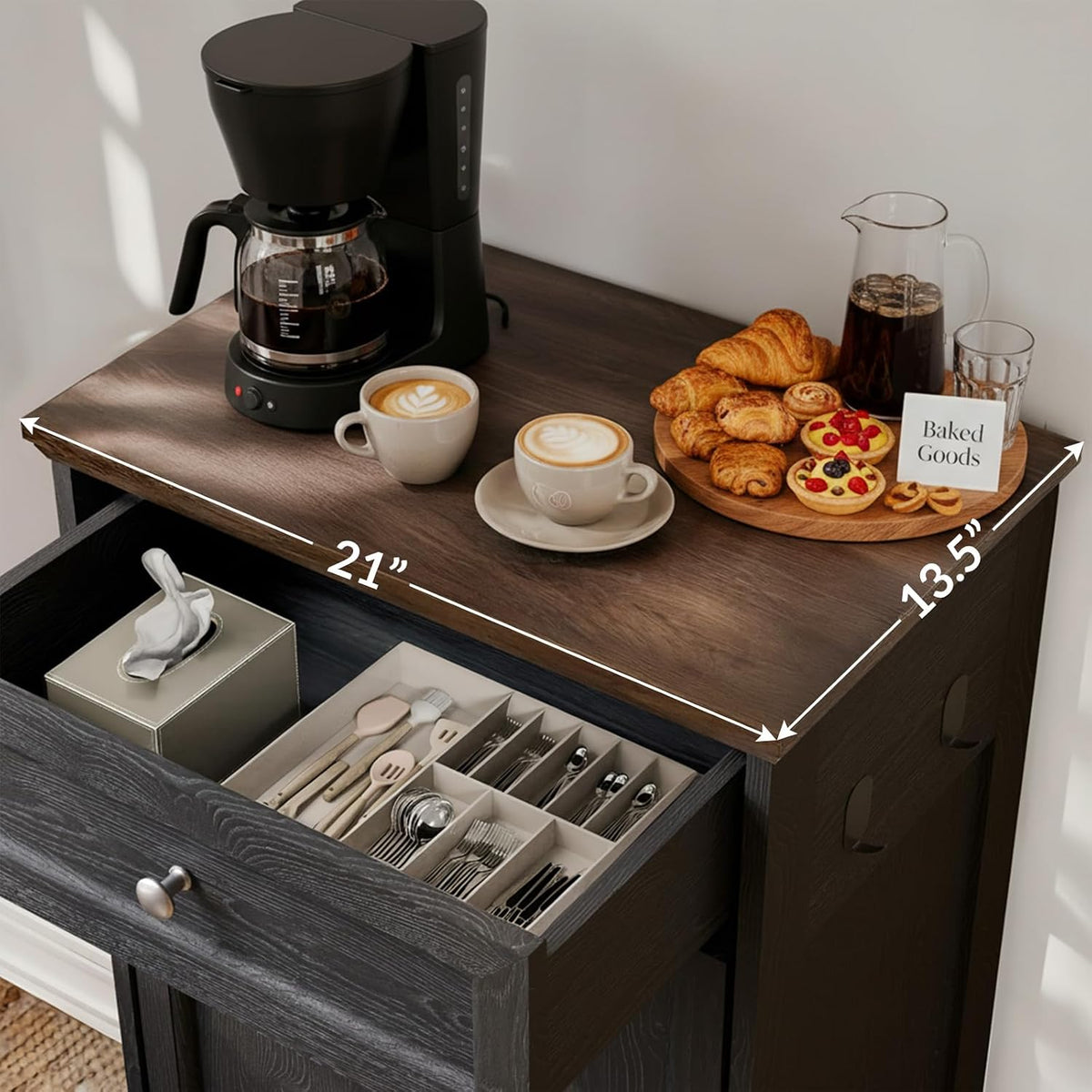 Tilt Out Trash Can Cabinet with Dog Bowl, 10 Gallons Dog Feeding Station with Storage Cabinet, Pet Food Cabinet with Hideaway Drawer for Kitchen, Living Room