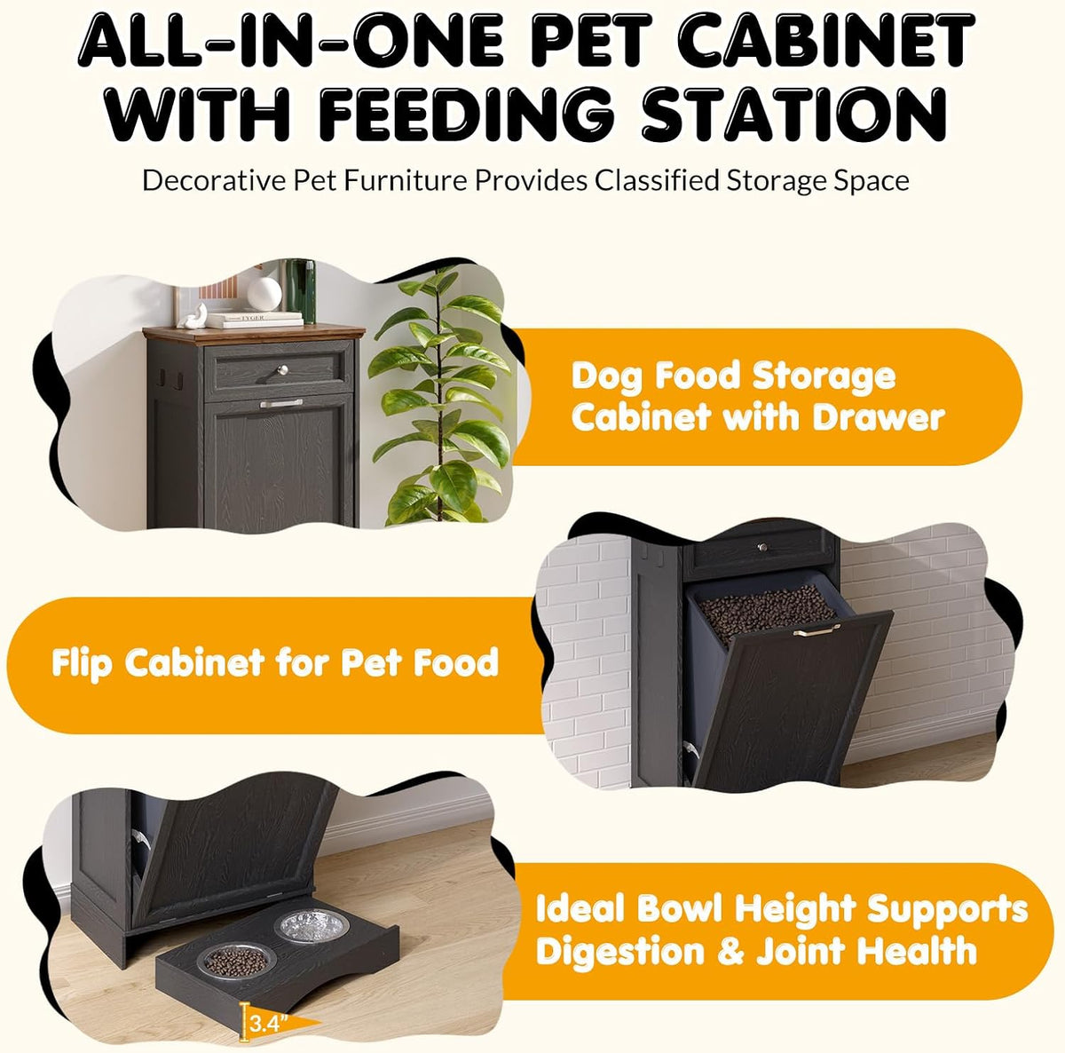 Tilt Out Trash Can Cabinet with Dog Bowl, 10 Gallons Dog Feeding Station with Storage Cabinet, Pet Food Cabinet with Hideaway Drawer for Kitchen, Living Room