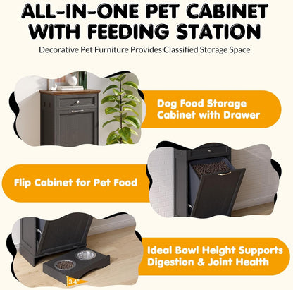 Tilt Out Trash Can Cabinet with Dog Bowl, 10 Gallons Dog Feeding Station with Storage Cabinet, Pet Food Cabinet with Hideaway Drawer for Kitchen, Living Room