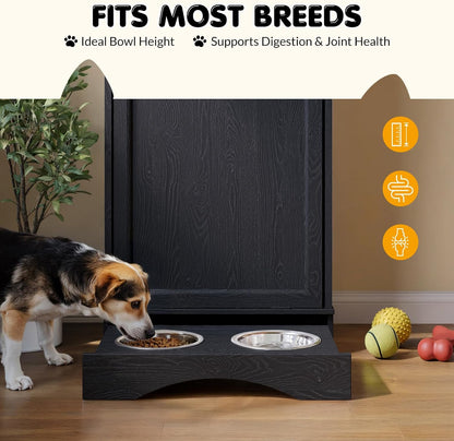Tilt Out Trash Can Cabinet with Dog Bowl, 10 Gallons Dog Feeding Station with Storage Cabinet, Pet Food Cabinet with Hideaway Drawer for Kitchen, Living Room