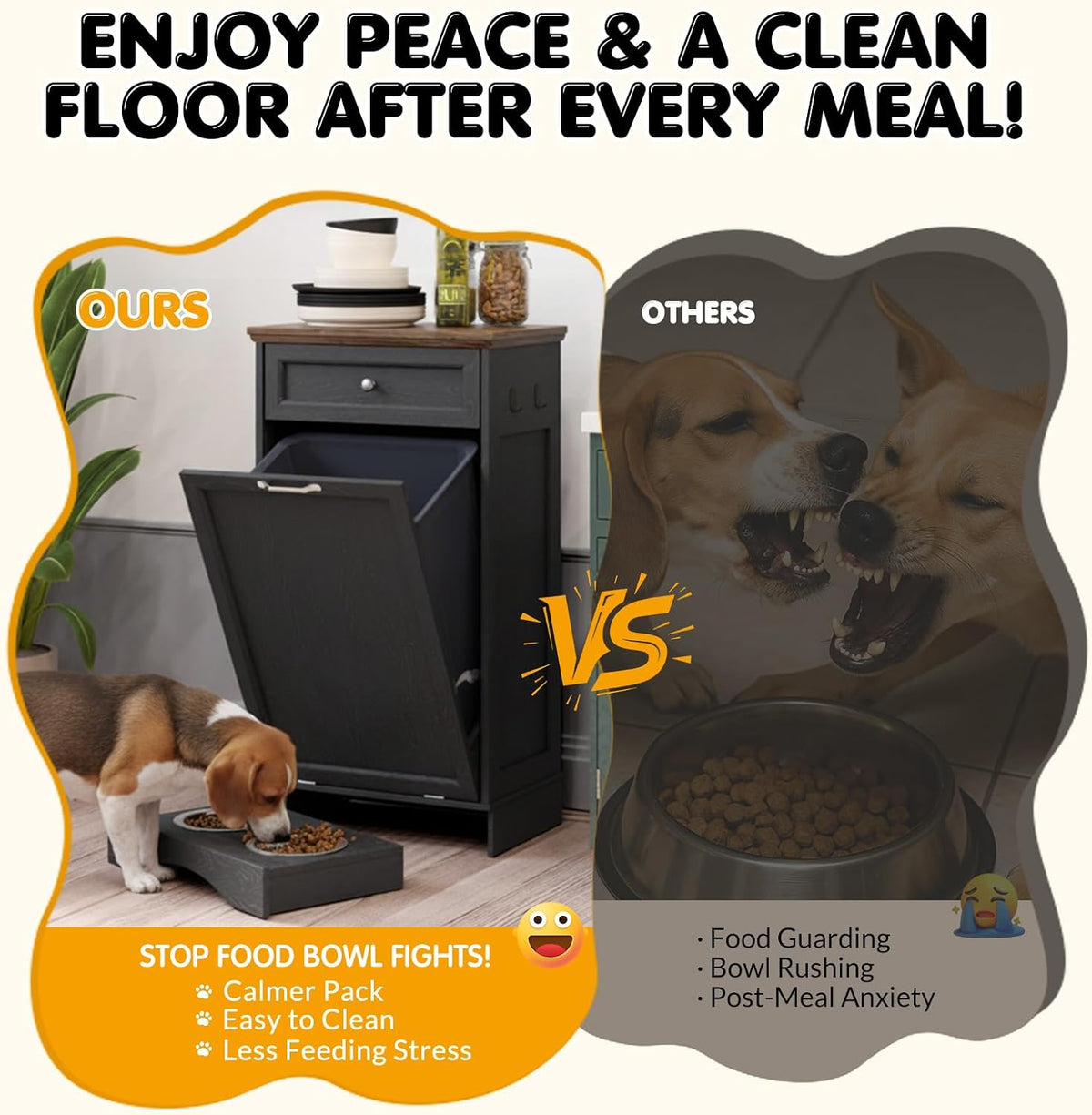 Tilt Out Trash Can Cabinet with Dog Bowl, 10 Gallons Dog Feeding Station with Storage Cabinet, Pet Food Cabinet with Hideaway Drawer for Kitchen, Living Room