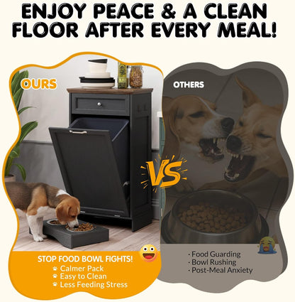 Tilt Out Trash Can Cabinet with Dog Bowl, 10 Gallons Dog Feeding Station with Storage Cabinet, Pet Food Cabinet with Hideaway Drawer for Kitchen, Living Room