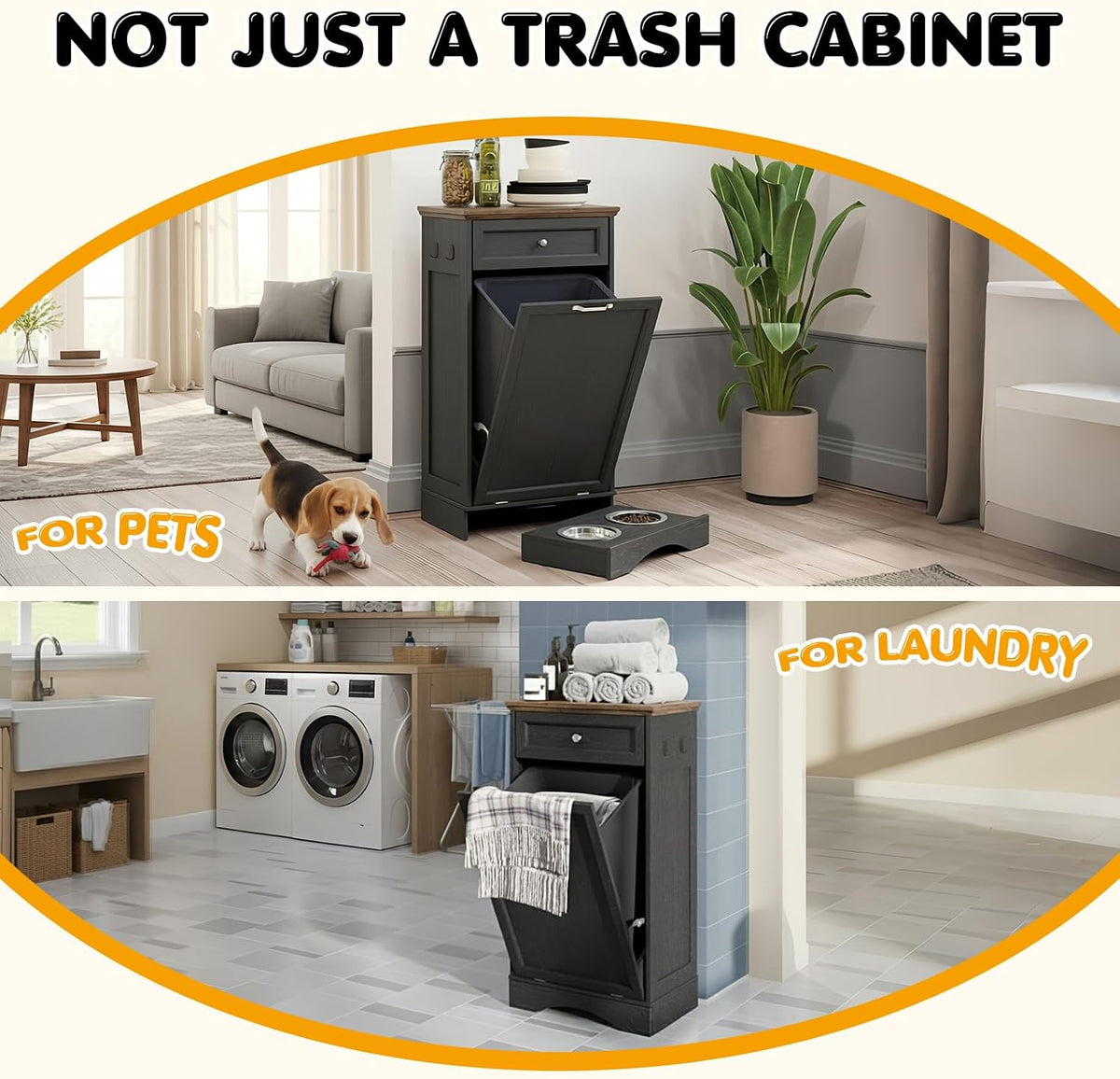 Tilt Out Trash Can Cabinet with Dog Bowl, 10 Gallons Dog Feeding Station with Storage Cabinet, Pet Food Cabinet with Hideaway Drawer for Kitchen, Living Room