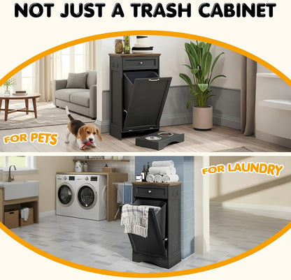 Tilt Out Trash Can Cabinet with Dog Bowl, 10 Gallons Dog Feeding Station with Storage Cabinet, Pet Food Cabinet with Hideaway Drawer for Kitchen, Living Room