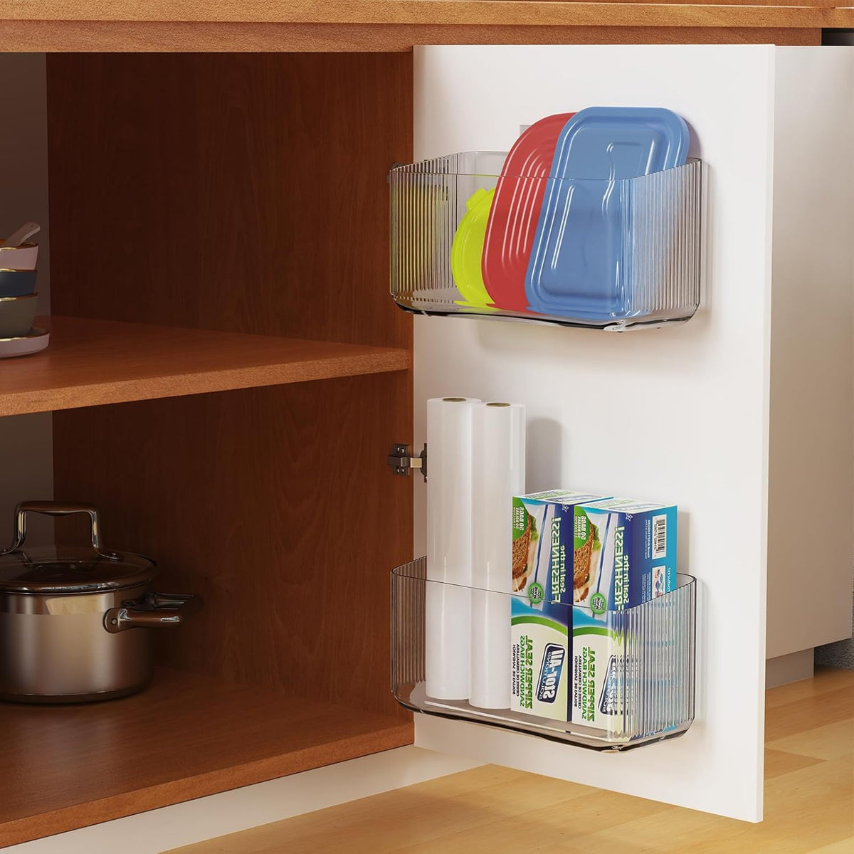 Cruet stands, 2 Pack Cabinet Door Organizers Plastic Wrap Holders for Kitchen Organizers, No drilling Wall Door Mount Kitchen Wrap Rack for Foil Wrap, Cling Wrap, and Food Bags, Clear
