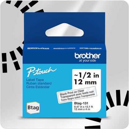 Genuine P-Touch Btag BTAG131 Black on Clear Label Tape ~1/2in by 13.1ft (12mm x 4m). (Works Only with PT-N10, PT-N20, PT-N25BT Label Makers)