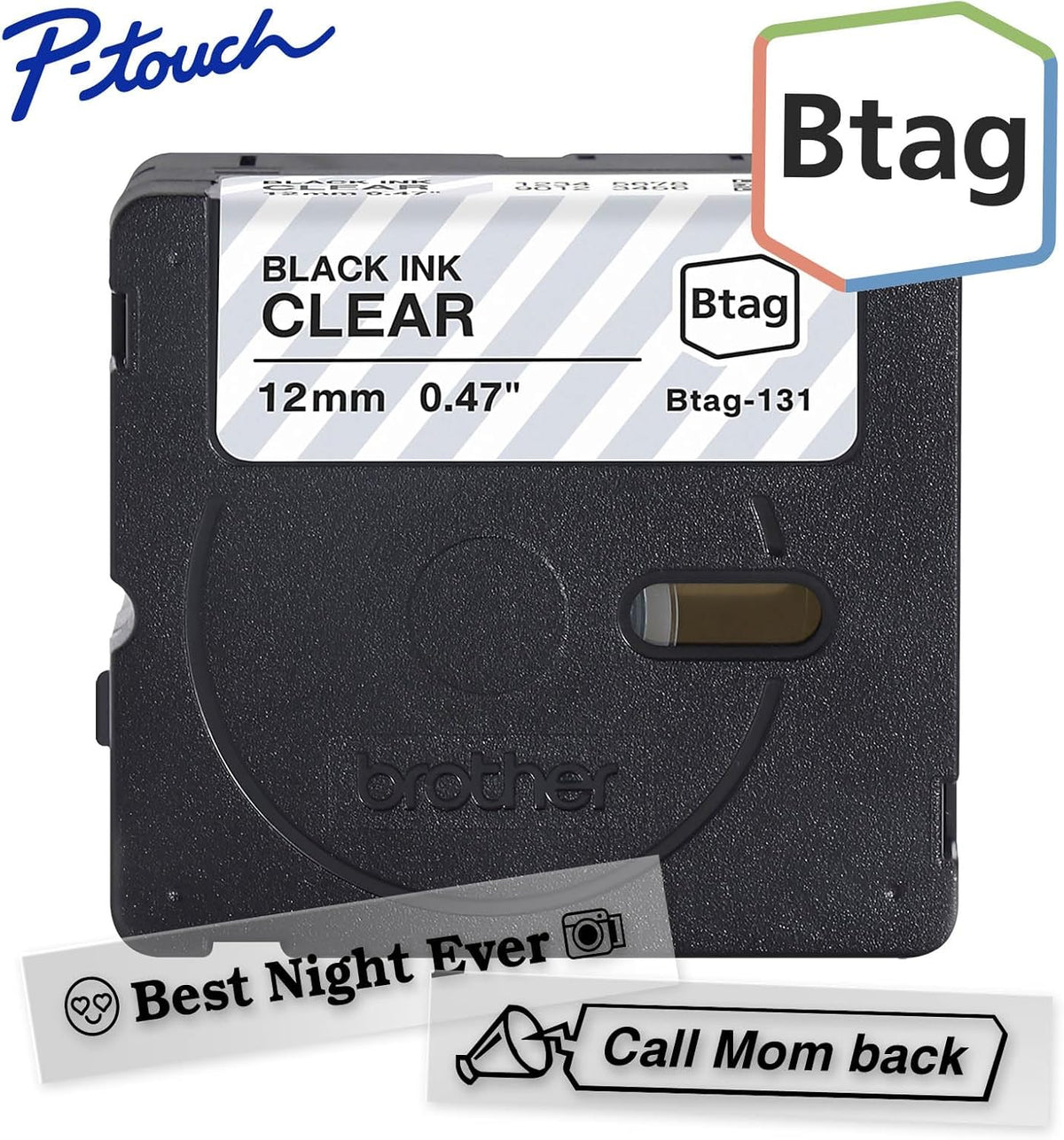 Genuine P-Touch Btag BTAG131 Black on Clear Label Tape ~1/2in by 13.1ft (12mm x 4m). (Works Only with PT-N10, PT-N20, PT-N25BT Label Makers)