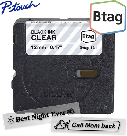 Genuine P-Touch Btag BTAG131 Black on Clear Label Tape ~1/2in by 13.1ft (12mm x 4m). (Works Only with PT-N10, PT-N20, PT-N25BT Label Makers)