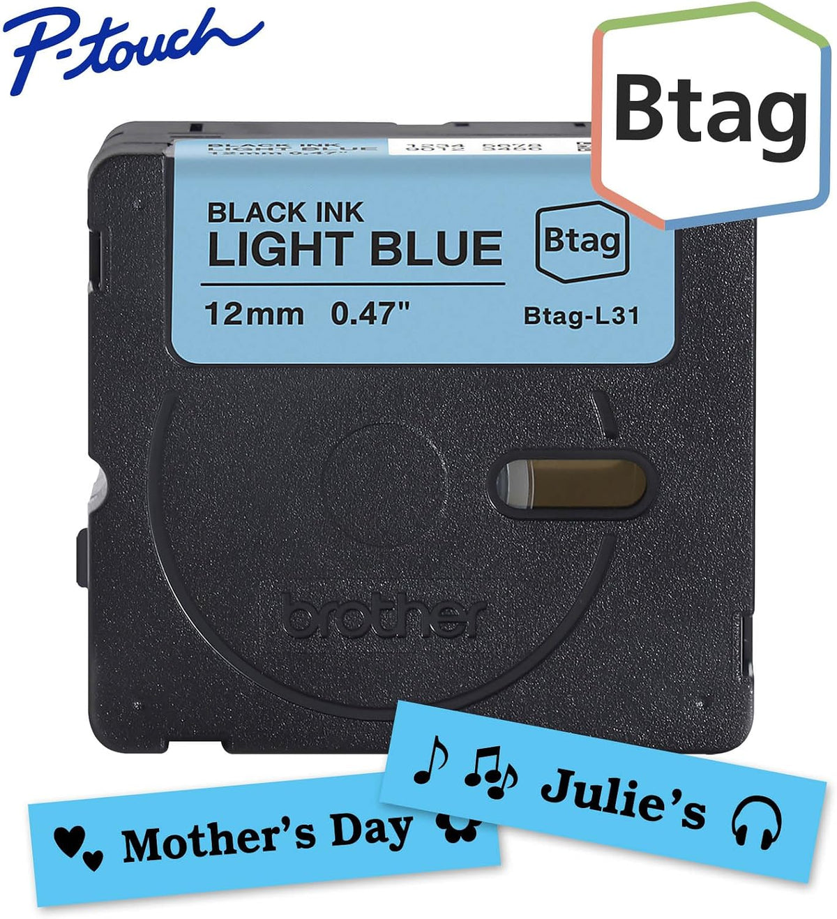 Genuine P-Touch Btag BTAG131 Black on Clear Label Tape ~1/2in by 13.1ft (12mm x 4m). (Works Only with PT-N10, PT-N20, PT-N25BT Label Makers)