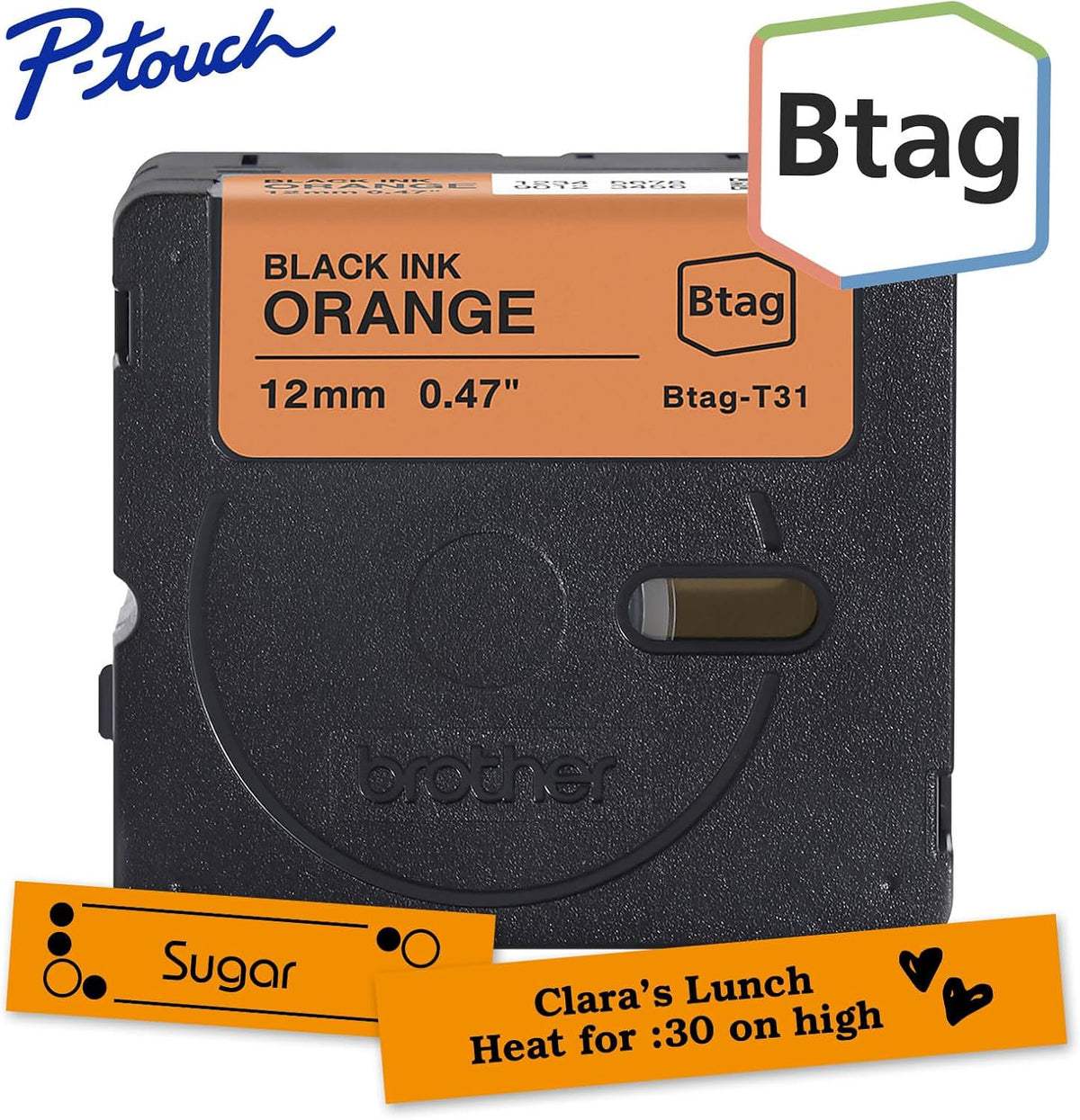 Genuine P-Touch Btag BTAG131 Black on Clear Label Tape ~1/2in by 13.1ft (12mm x 4m). (Works Only with PT-N10, PT-N20, PT-N25BT Label Makers)