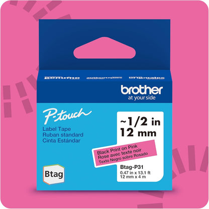 Genuine P-Touch Btag BTAG131 Black on Clear Label Tape ~1/2in by 13.1ft (12mm x 4m). (Works Only with PT-N10, PT-N20, PT-N25BT Label Makers)