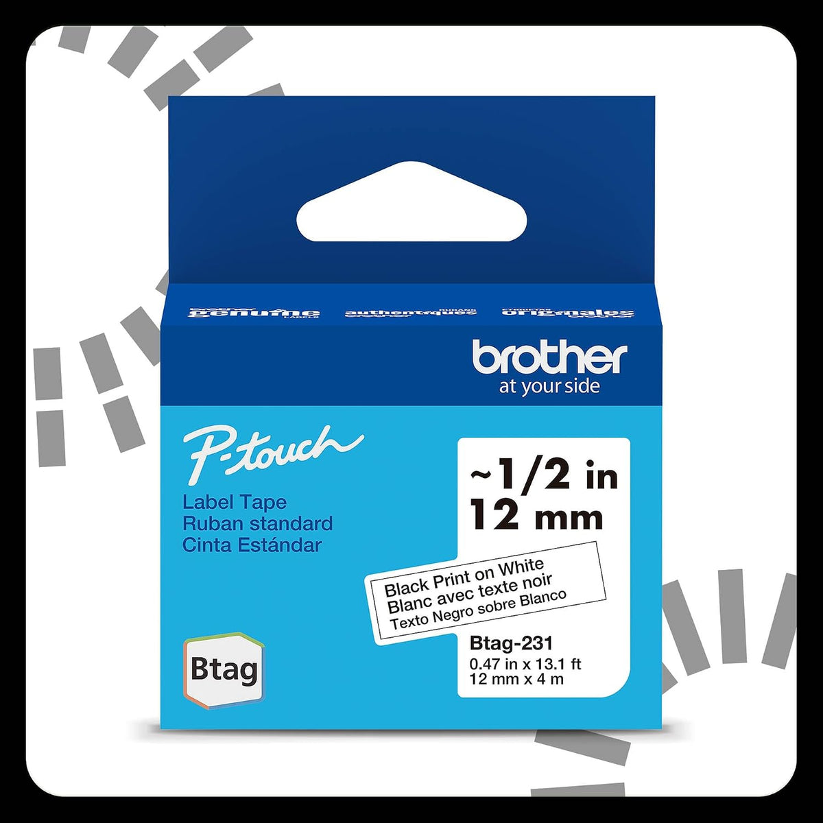 Genuine P-Touch Btag BTAG131 Black on Clear Label Tape ~1/2in by 13.1ft (12mm x 4m). (Works Only with PT-N10, PT-N20, PT-N25BT Label Makers)