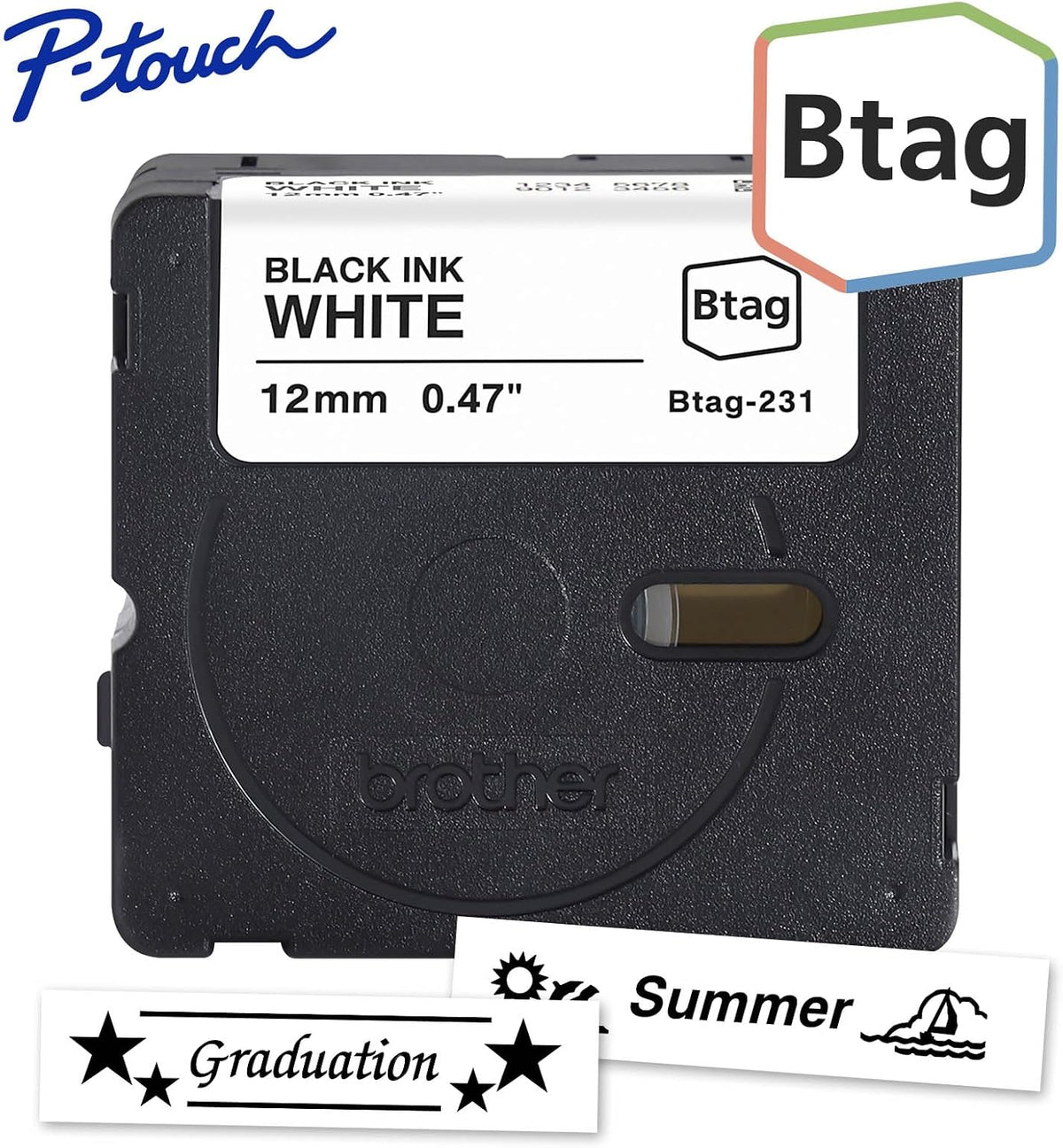 Genuine P-Touch Btag BTAG131 Black on Clear Label Tape ~1/2in by 13.1ft (12mm x 4m). (Works Only with PT-N10, PT-N20, PT-N25BT Label Makers)