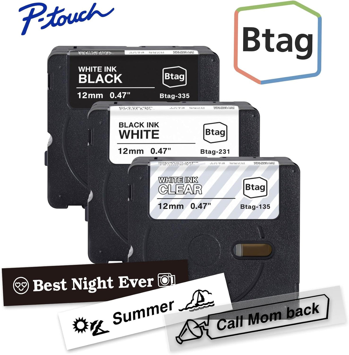 Genuine P-Touch Btag BTAG131 Black on Clear Label Tape ~1/2in by 13.1ft (12mm x 4m). (Works Only with PT-N10, PT-N20, PT-N25BT Label Makers)
