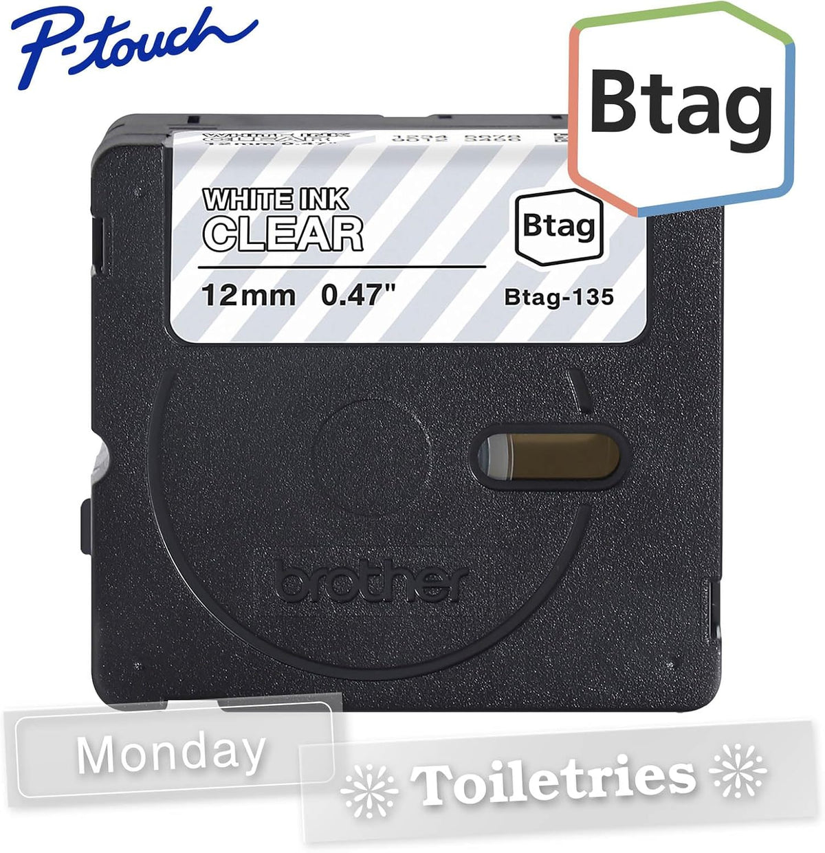 Genuine P-Touch Btag BTAG131 Black on Clear Label Tape ~1/2in by 13.1ft (12mm x 4m). (Works Only with PT-N10, PT-N20, PT-N25BT Label Makers)
