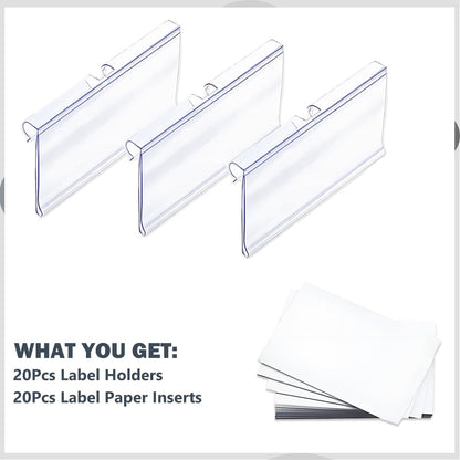 20 Pack Wire Shelf Label Holders with Paper Inserts,2.36x1.50inch | Shelving Rack Retail Sign Hook,Clip On Design,for Supermarket/Retail/Shelves,No Tools Needed