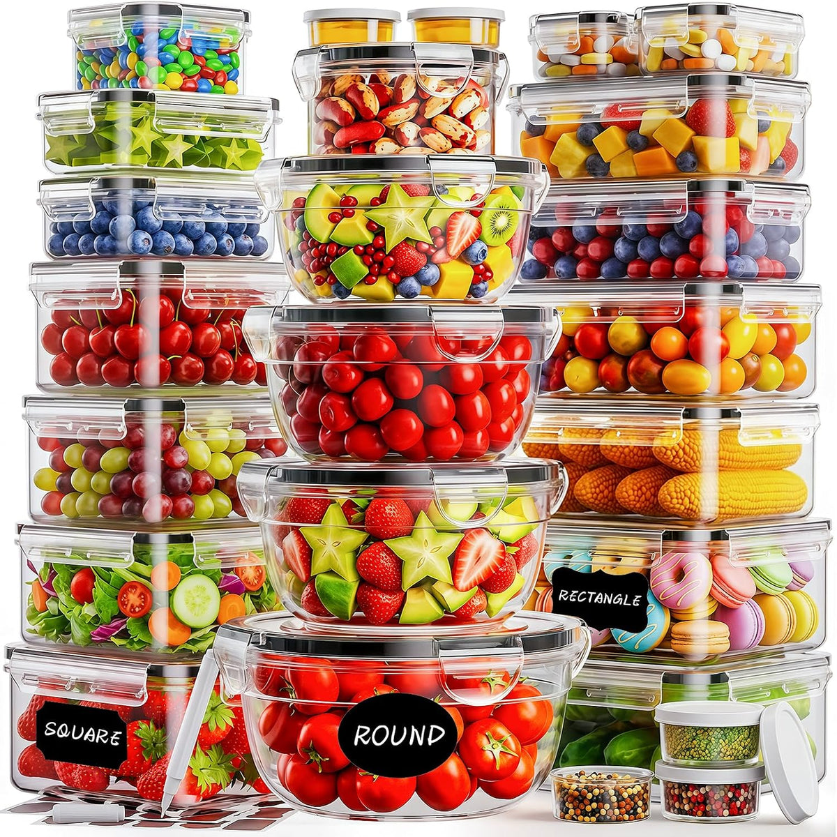 50 PCS Food Storage Containers with Lids BPA-Free (25 Containers & 25 Lids) | Reusable Plastic Food Containers for Kitchen Storage and Organization Leakproof Meal Prep Container with Labels & Pen