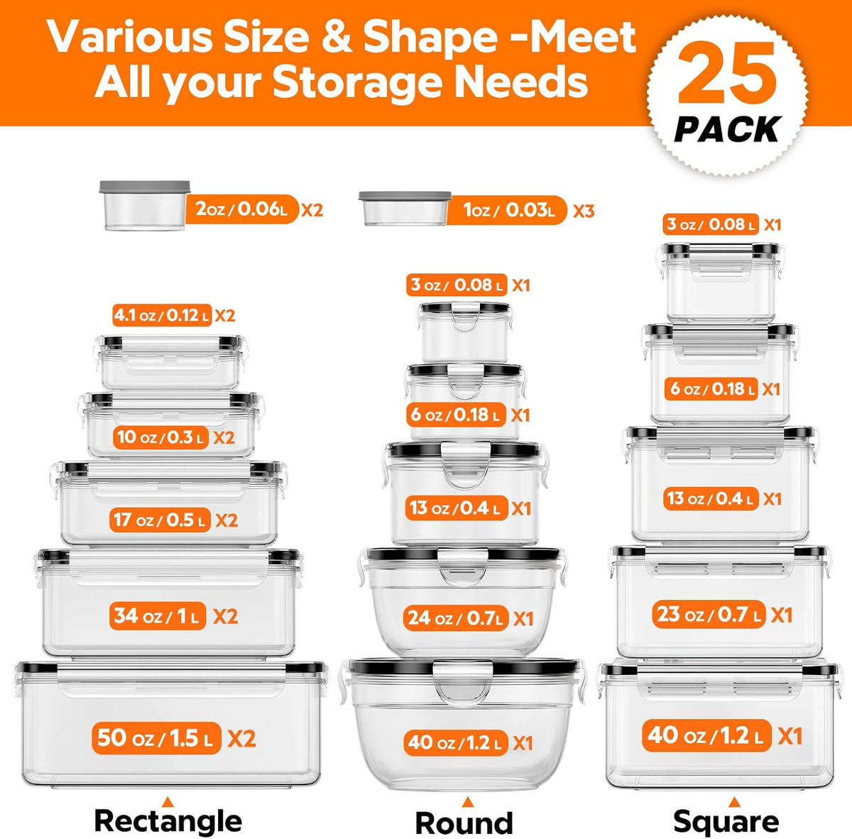 50 PCS Food Storage Containers with Lids BPA-Free (25 Containers & 25 Lids) | Reusable Plastic Food Containers for Kitchen Storage and Organization Leakproof Meal Prep Container with Labels & Pen