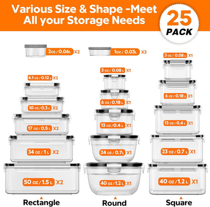 50 PCS Food Storage Containers with Lids BPA-Free (25 Containers & 25 Lids) | Reusable Plastic Food Containers for Kitchen Storage and Organization Leakproof Meal Prep Container with Labels & Pen