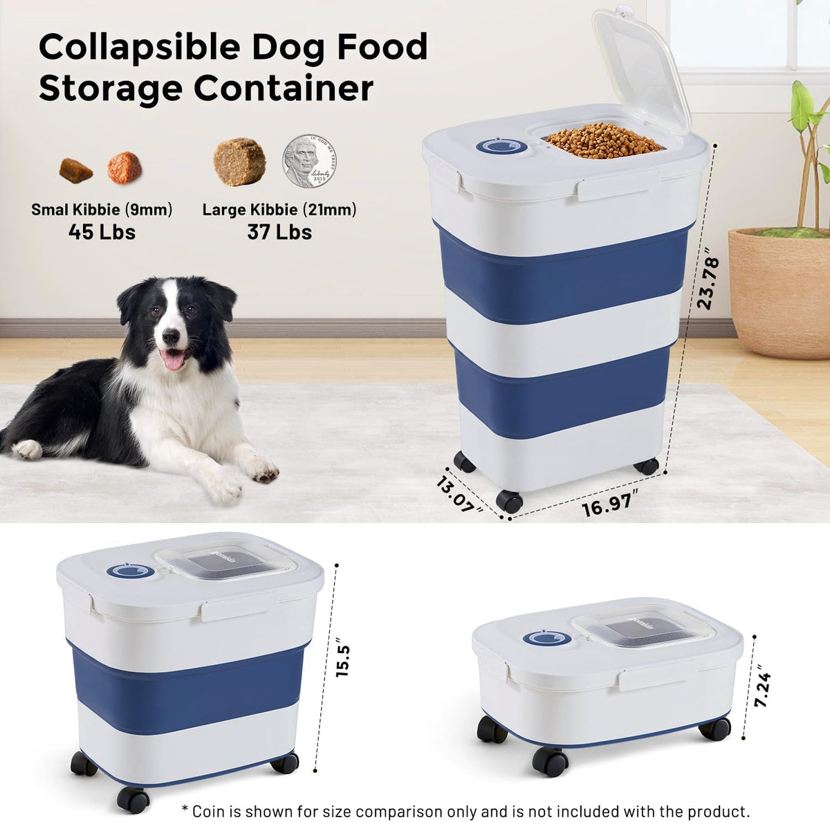 40-50lbs Dog Food Storage Container, Large Capacity Collapsible Airtight Pet Food Storage Containers with Rolling Wheels, Transparent Lid, Scoop and Date Track, Khaki