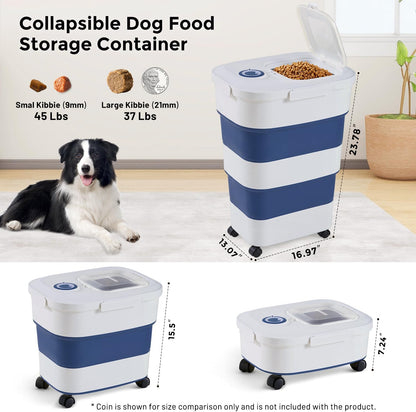 40-50lbs Dog Food Storage Container, Large Capacity Collapsible Airtight Pet Food Storage Containers with Rolling Wheels, Transparent Lid, Scoop and Date Track, Khaki
