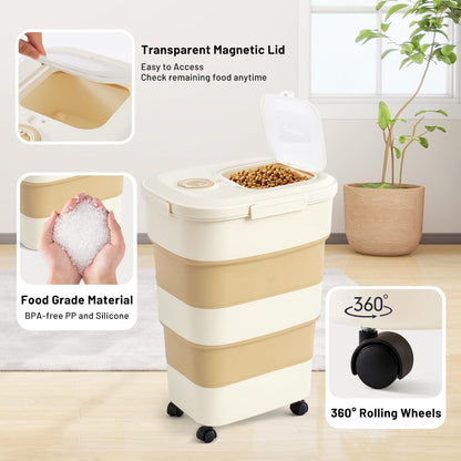 40-50lbs Dog Food Storage Container, Large Capacity Collapsible Airtight Pet Food Storage Containers with Rolling Wheels, Transparent Lid, Scoop and Date Track, Khaki