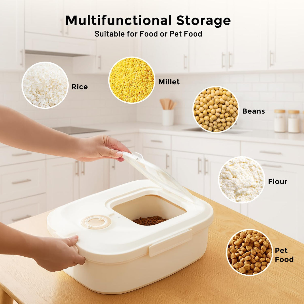 40-50lbs Dog Food Storage Container, Large Capacity Collapsible Airtight Pet Food Storage Containers with Rolling Wheels, Transparent Lid, Scoop and Date Track, Khaki