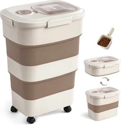 40-50lbs Dog Food Storage Container, Large Capacity Collapsible Airtight Pet Food Storage Containers with Rolling Wheels, Transparent Lid, Scoop and Date Track, Khaki