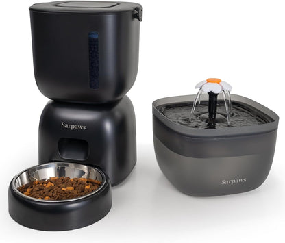 Automatic Cat Feeder and Water Dispenser FW1, Wire or Battery Cat Food Dispenser Timer Pet Feeder - Locking Lid, Desiccant Bag, Programmable Portion Control, 4 Daily Meals, 10s Voice Recorder