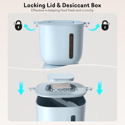 Automatic Cat Feeder and Water Dispenser FW1, Wire or Battery Cat Food Dispenser Timer Pet Feeder - Locking Lid, Desiccant Bag, Programmable Portion Control, 4 Daily Meals, 10s Voice Recorder