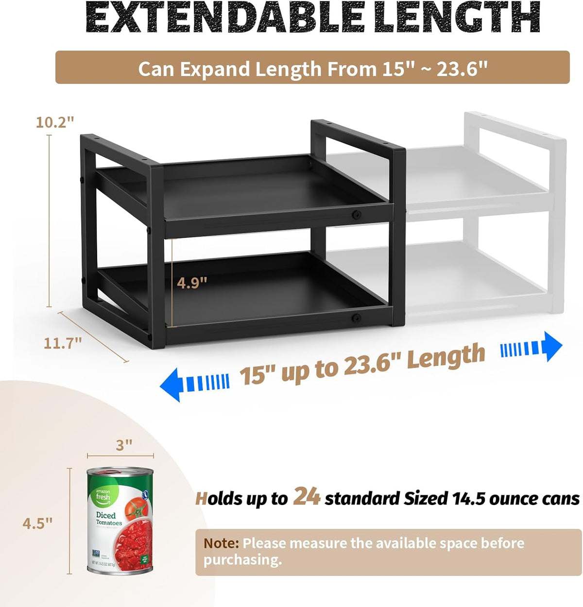 2-Tier Can Organizer for Pantry, Expandable Length Can Rack for Kitchen Shelf Organizer and Storage, Sturdy Metal Standing Can Holder for Canned Soup Soda Food Goods Storage, Stackable